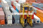 ID 158 PORTS OF AUCKLAND, NZ - Straddle carrier operates among the container stacks on Ports of Aucklands' Axis Fergusson Container Terminal.